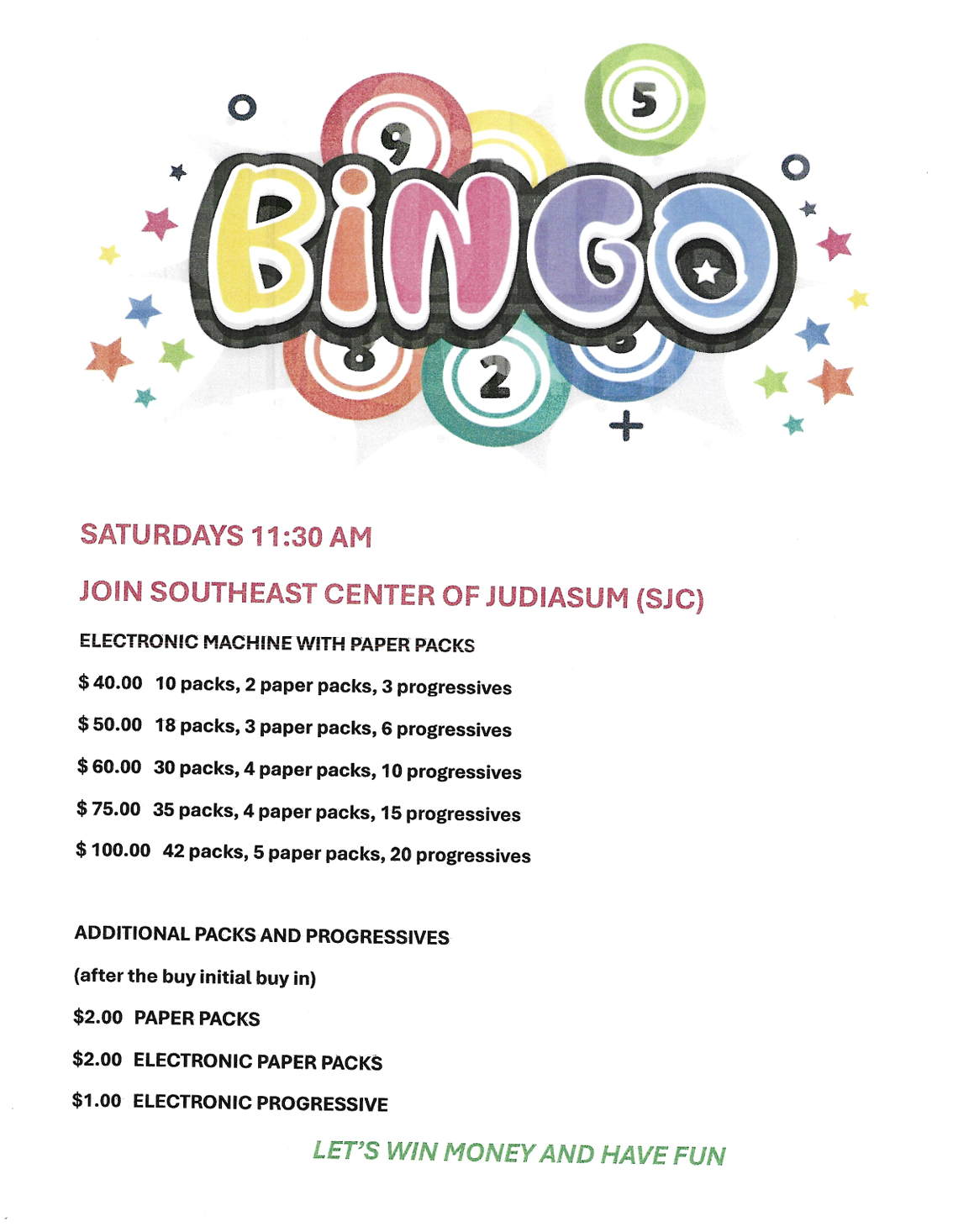 SOUTHEAST CENTER OF JUDAISM (SCJ) @ Turn Of The Century Bingo